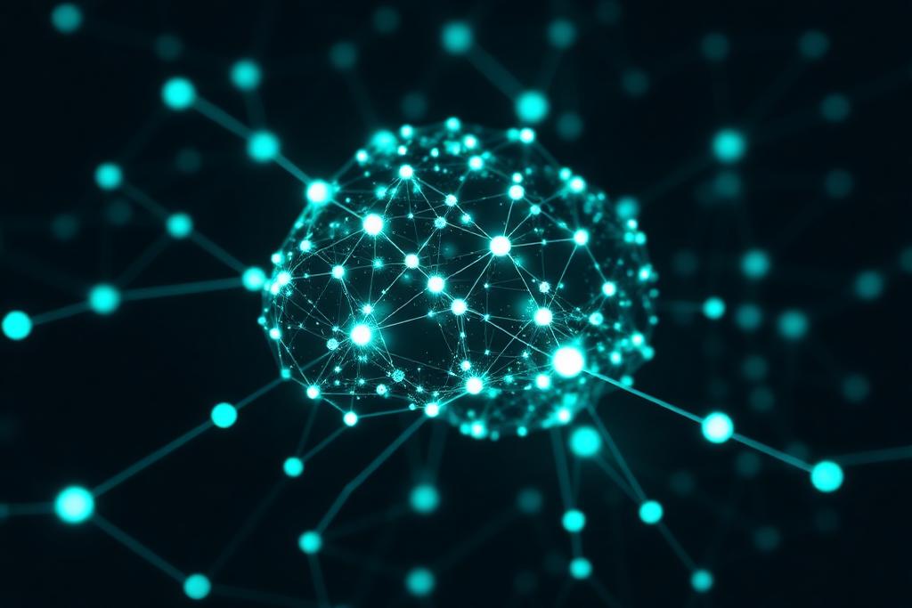 Abstract neural network of glowing nodes in 3D space