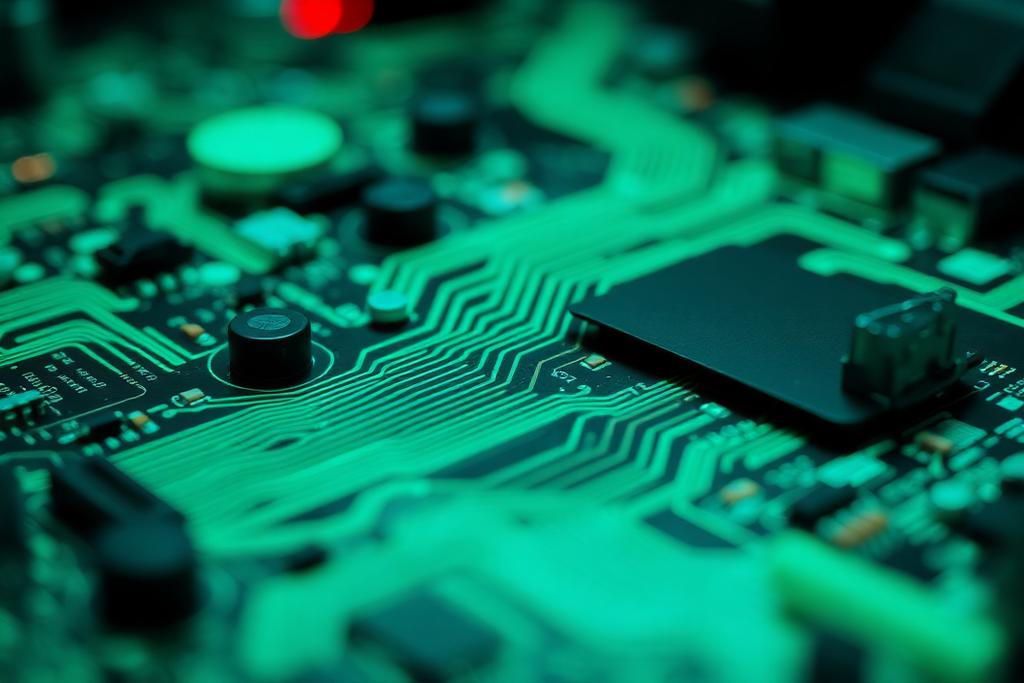 Close-up of a circuit board with neon lighting