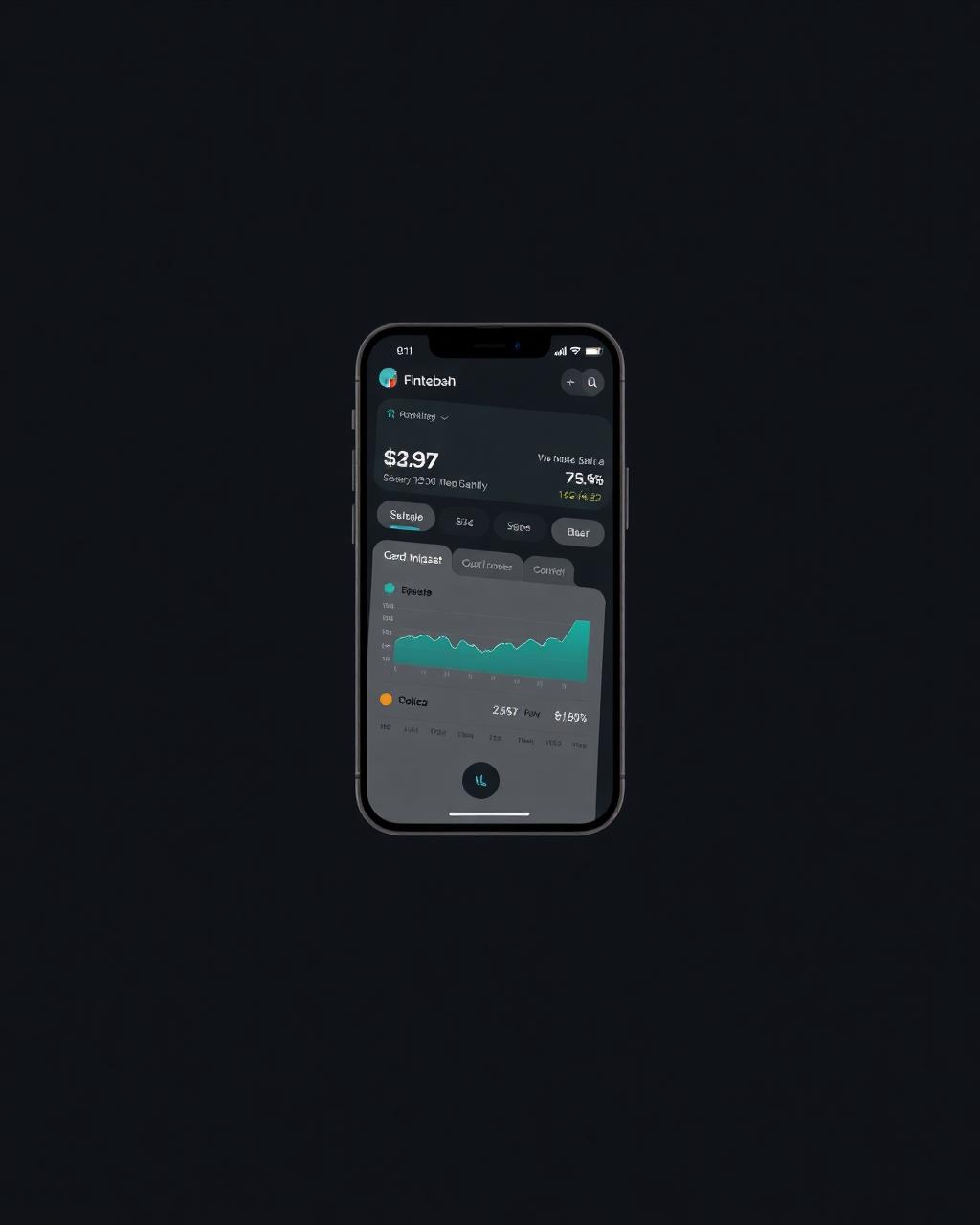 Minimalist fintech mobile app interface on a dark screen